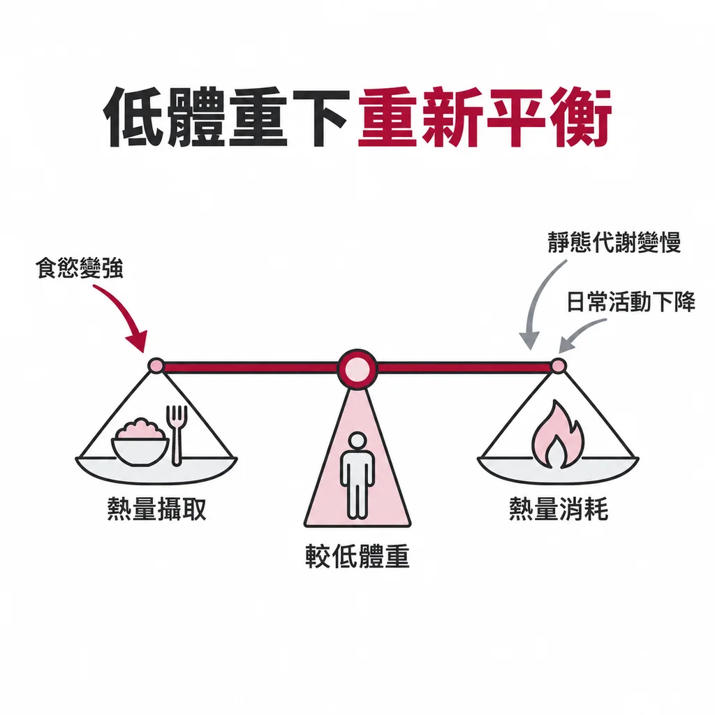 天平示意圖：熱量攝取與熱量消耗在較低體重重新取得平衡