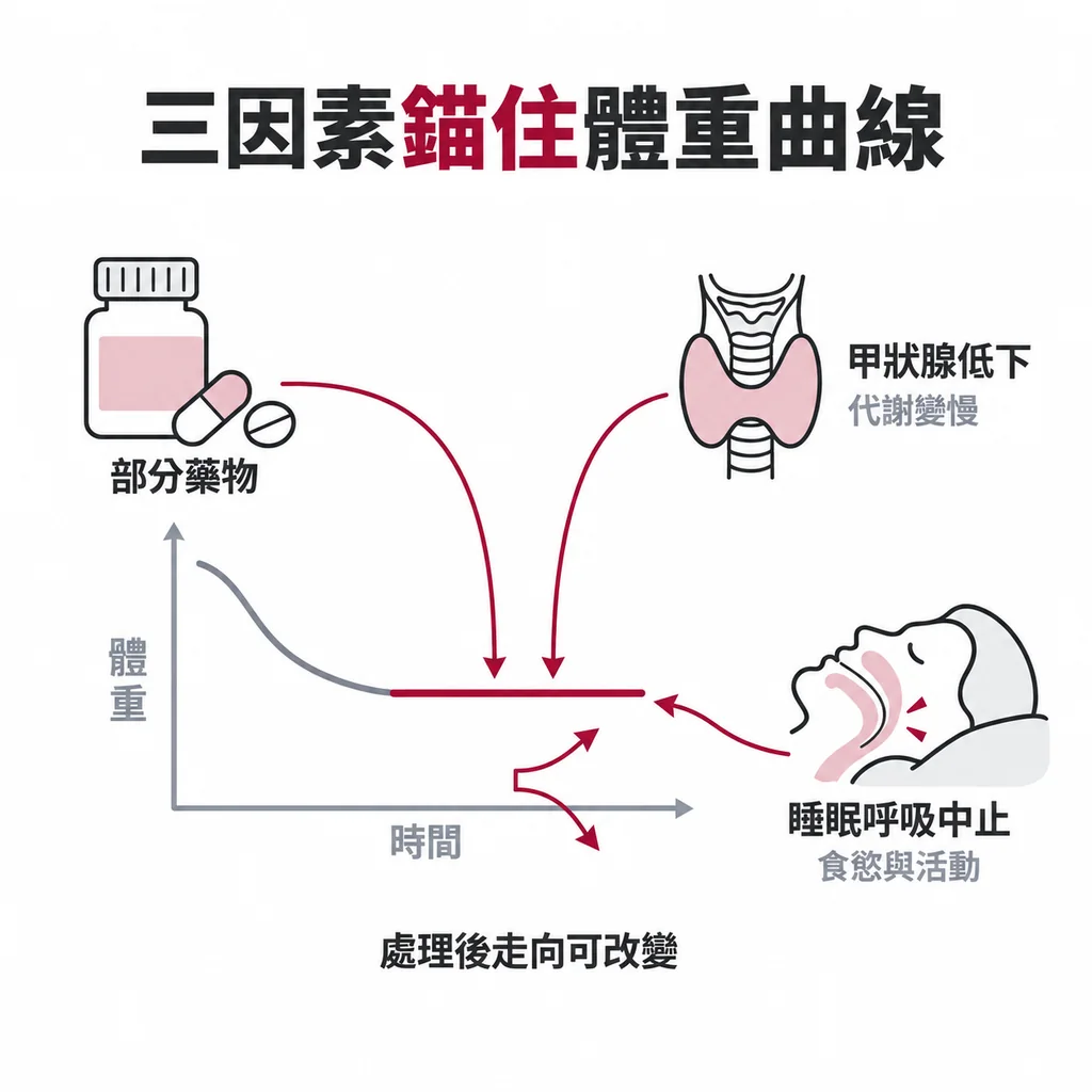 體重曲線被三個因素錨住：某些藥物、甲狀腺功能低下、睡眠呼吸中止症