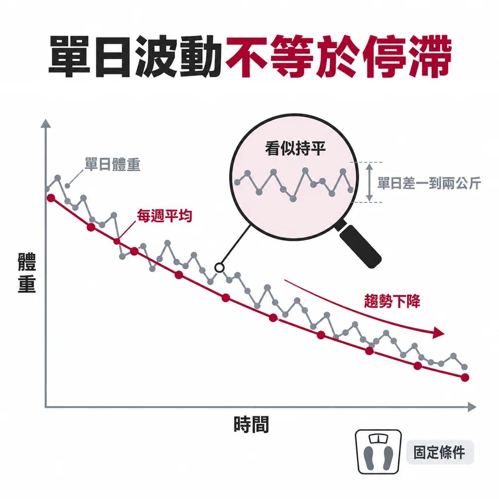 體重折線圖：放大鏡下的單日波動看似持平，每週平均趨勢線仍持續下降