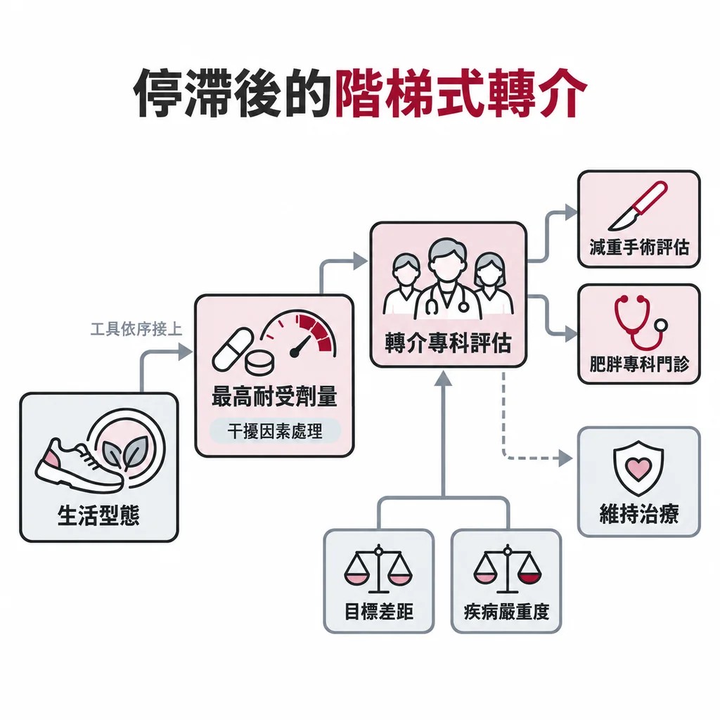 三段流程圖：生活型態、最高耐受劑量、轉介專科評估依序接上