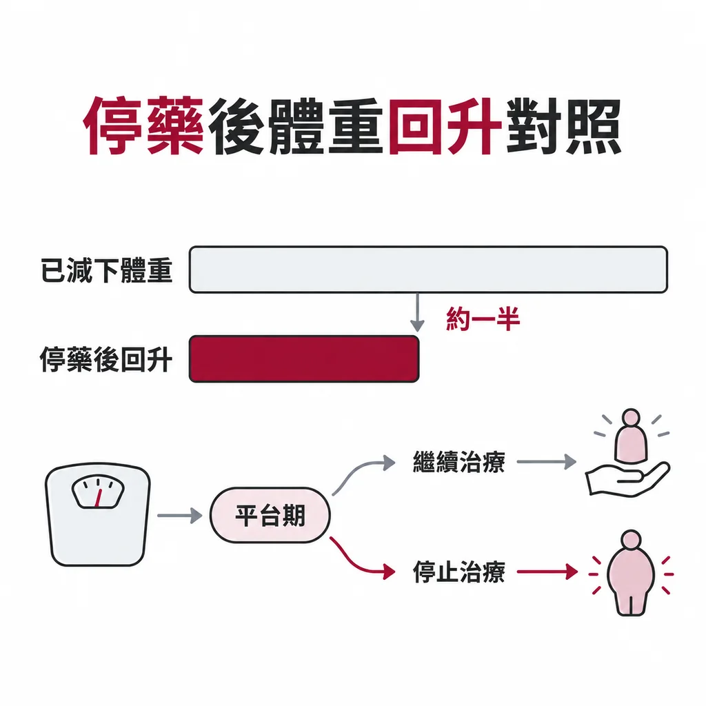 長條比較圖：已減下的體重與停藥後回升約一半的幅度對照