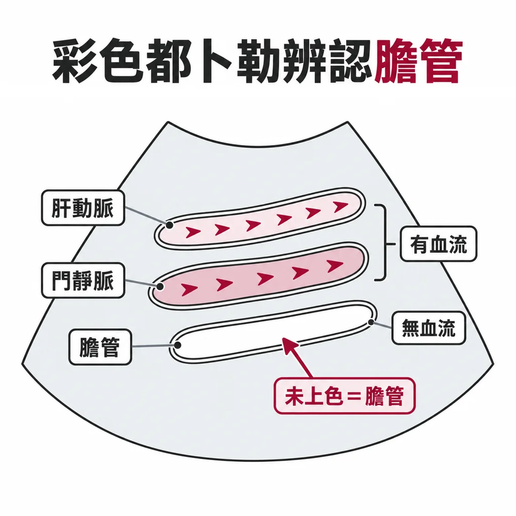 三條外觀相同的管狀構造,兩條顯示有血流,未上色的那一條才是膽管