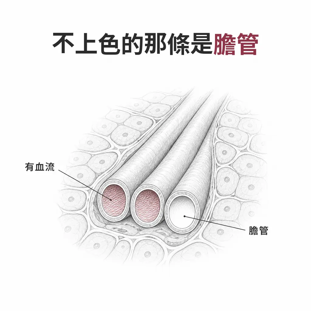 三條外觀相同的管狀構造,兩條顯示有血流,未上色的那一條才是膽管