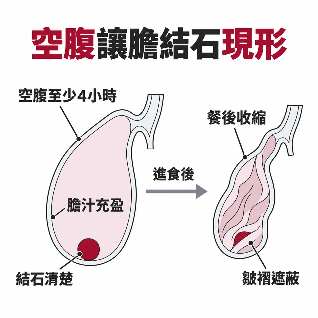 空腹脹開的膽囊可看見底部一顆結石,餐後收縮的膽囊皺褶把結石藏了起來