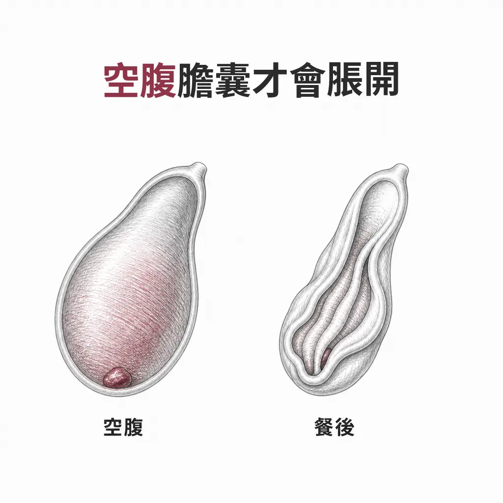 空腹脹開的膽囊可看見底部一顆結石,餐後收縮的膽囊皺褶把結石藏了起來