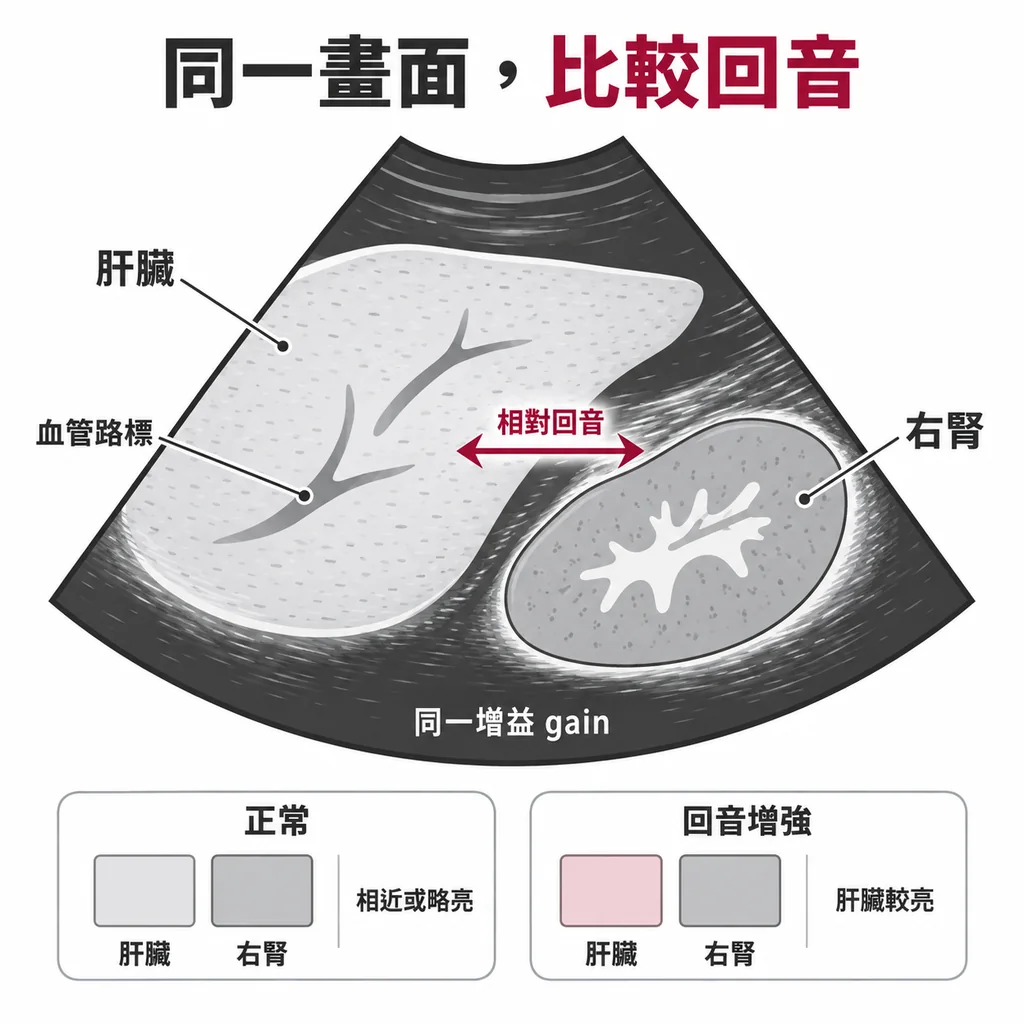 超音波扇形影像中肝臟與右腎並列,用來比較兩者的相對回音強度