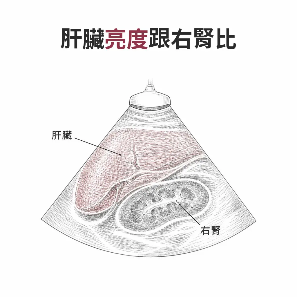 超音波扇形影像中肝臟與右腎並列,用來比較兩者的相對回音強度