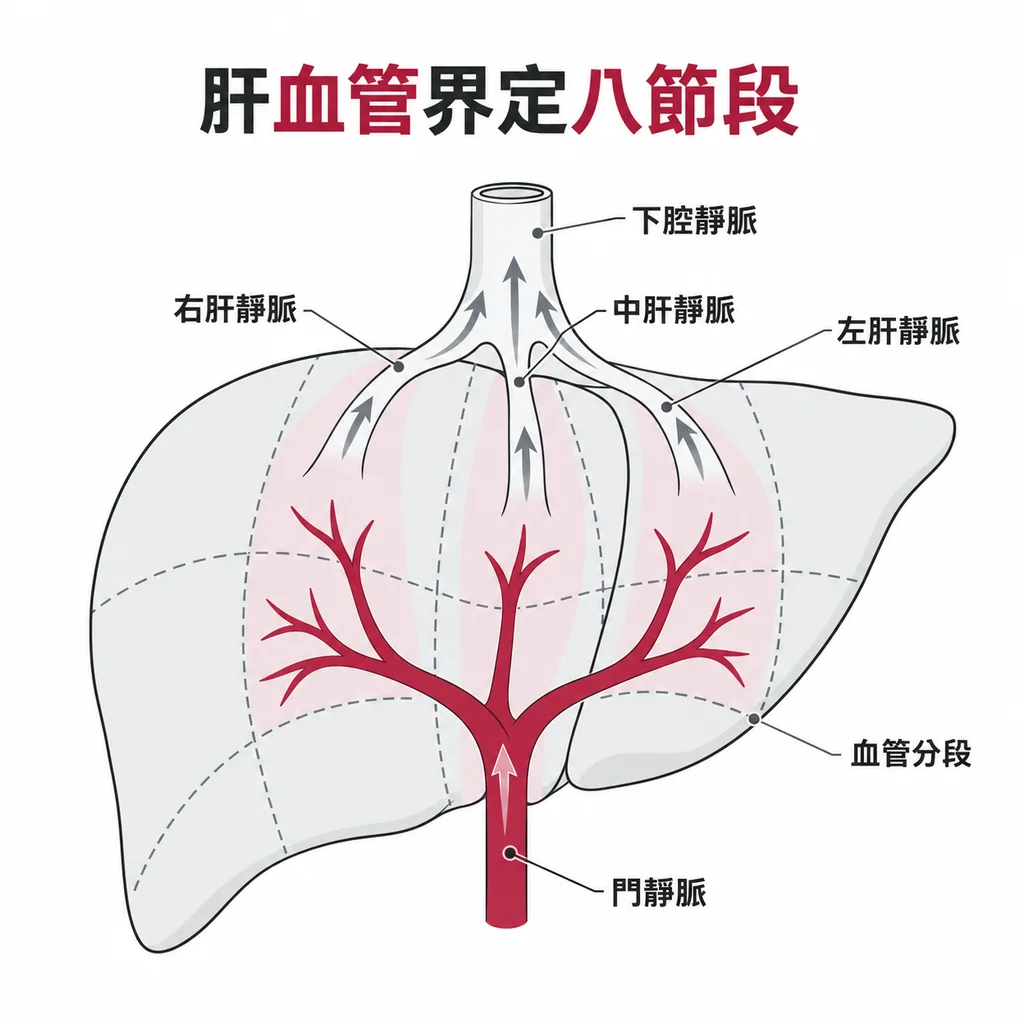 肝臟正面線稿,三條肝靜脈向上匯入下腔靜脈,門靜脈自下方進入並向左右分支,虛線沿血管劃出分段