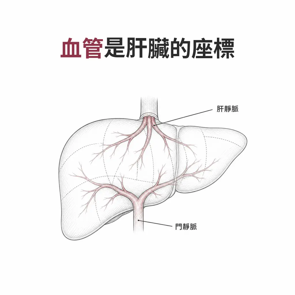 肝臟正面線稿,三條肝靜脈向上匯入下腔靜脈,門靜脈自下方進入並向左右分支,虛線沿血管劃出分段