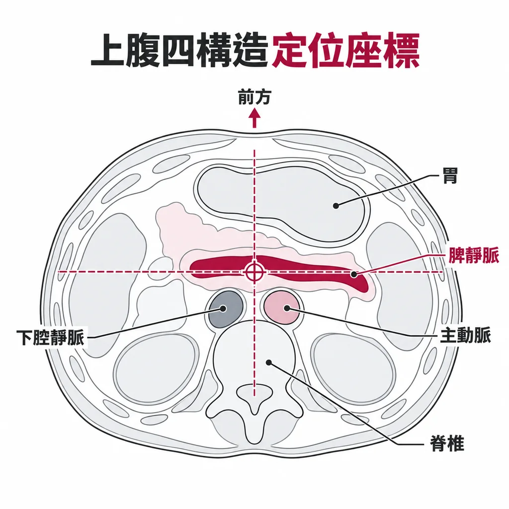 上腹橫切面同時顯示主動脈、下腔靜脈、脾靜脈與胃,形成判讀時的座標