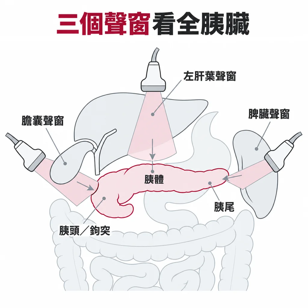 三支探頭分別借左肝葉、膽囊與脾臟當作聲窗,從不同角度掃描胰臟的頭體尾