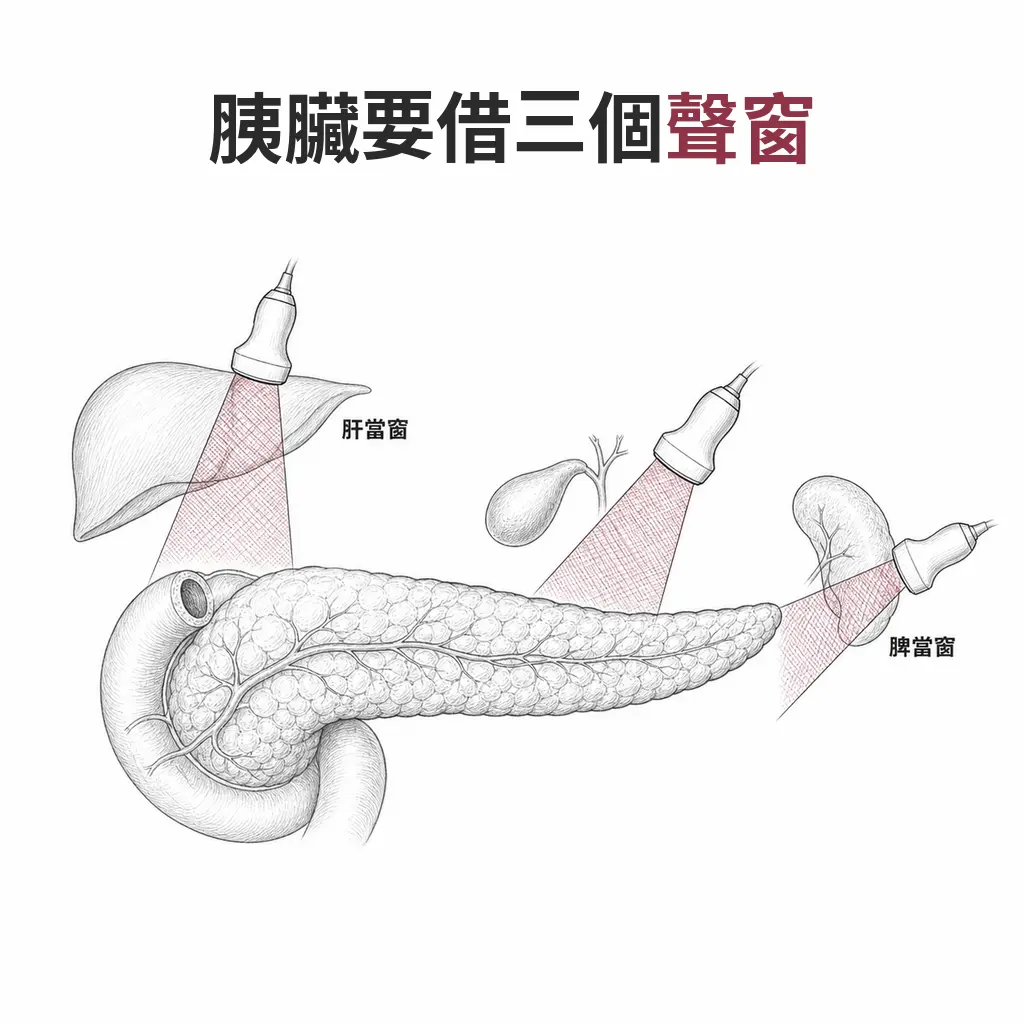 三支探頭分別借左肝葉、膽囊與脾臟當作聲窗,從不同角度掃描胰臟的頭體尾