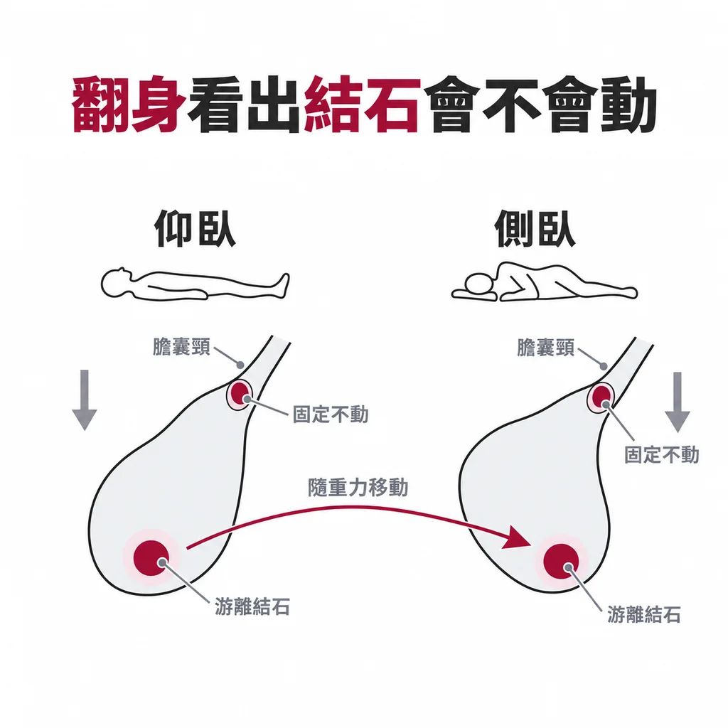 同一個膽囊在仰臥與側臥兩種姿勢下,會滾動的結石換了位置,卡在膽囊頸的東西維持不動