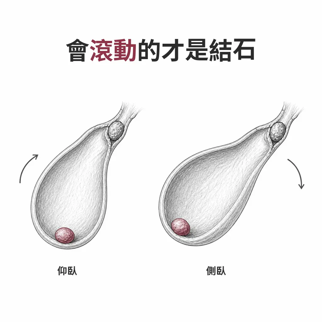 同一個膽囊在仰臥與側臥兩種姿勢下,會滾動的結石換了位置,卡在膽囊頸的東西維持不動