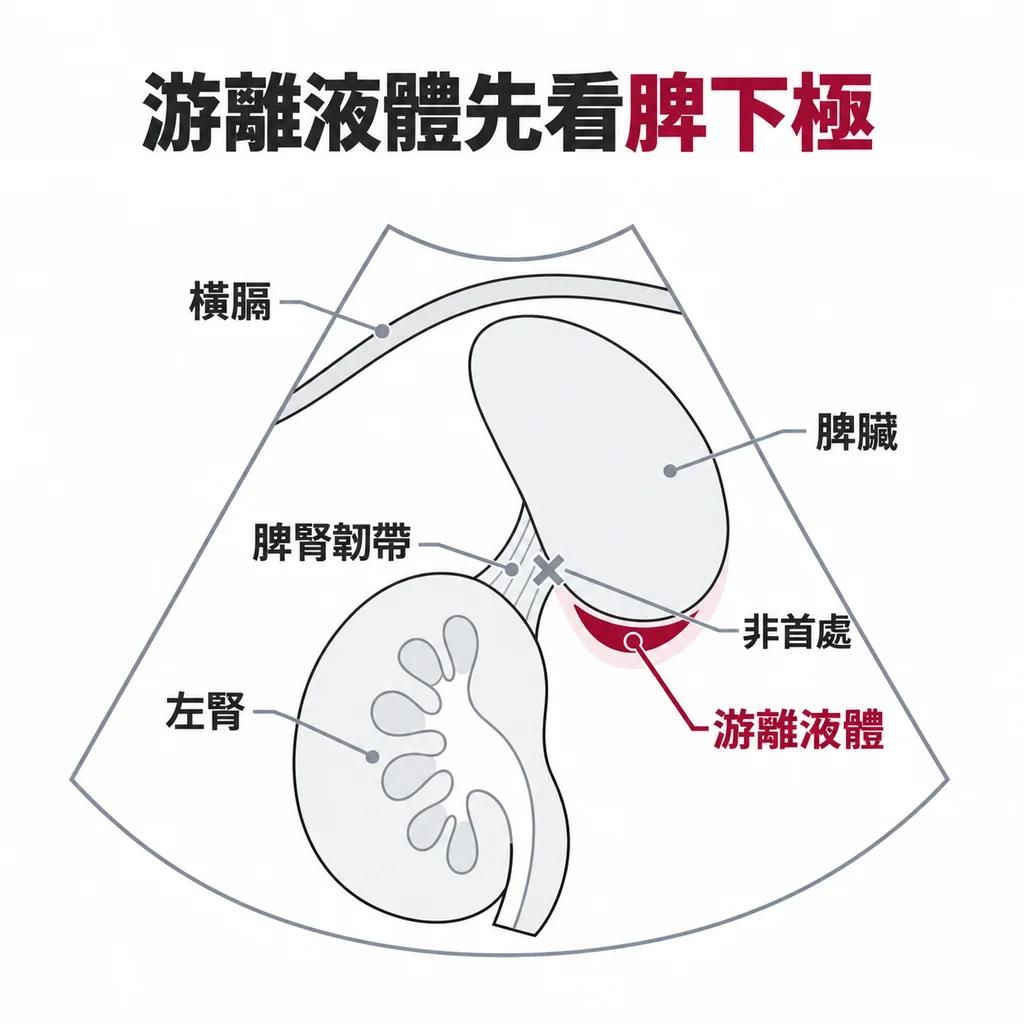 脾腎切面同時顯示橫膈、脾臟與左腎,游離液體先積在脾臟下極而不是脾腎之間