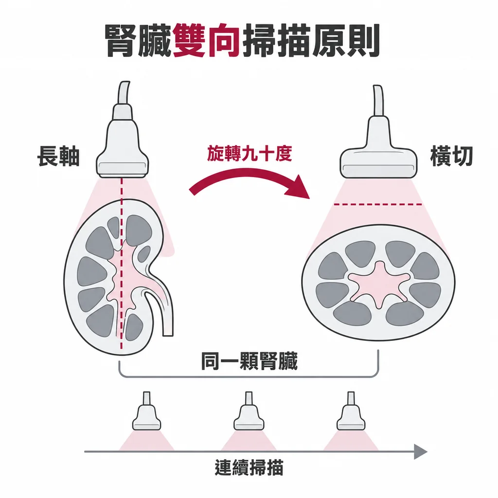 同一顆腎臟分別以長軸與橫切兩個方向掃描,探頭在兩張圖之間旋轉九十度