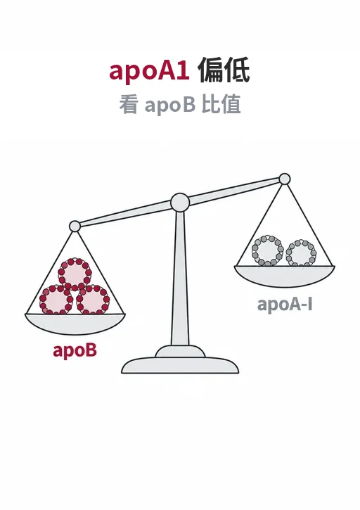 天平左盤為 apoB 顆粒、右盤為 apoA-I 顆粒，說明 apoB/apoA-I 比值同時涵蓋致動脈硬化與保護兩側
