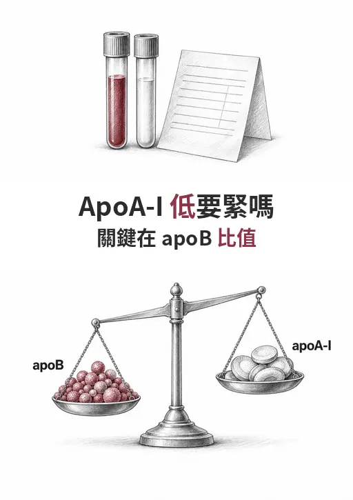 天平左盤為 apoB 顆粒、右盤為 apoA-I 顆粒，說明 apoB/apoA-I 比值同時涵蓋致動脈硬化與保護兩側