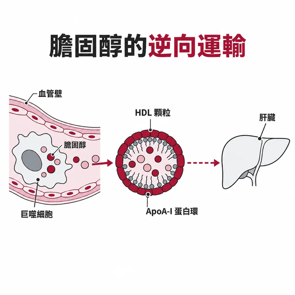 巨噬細胞把膽固醇交給 HDL 顆粒，ApoA-I 構成顆粒外圈的蛋白環，膽固醇沿虛線送回肝臟
