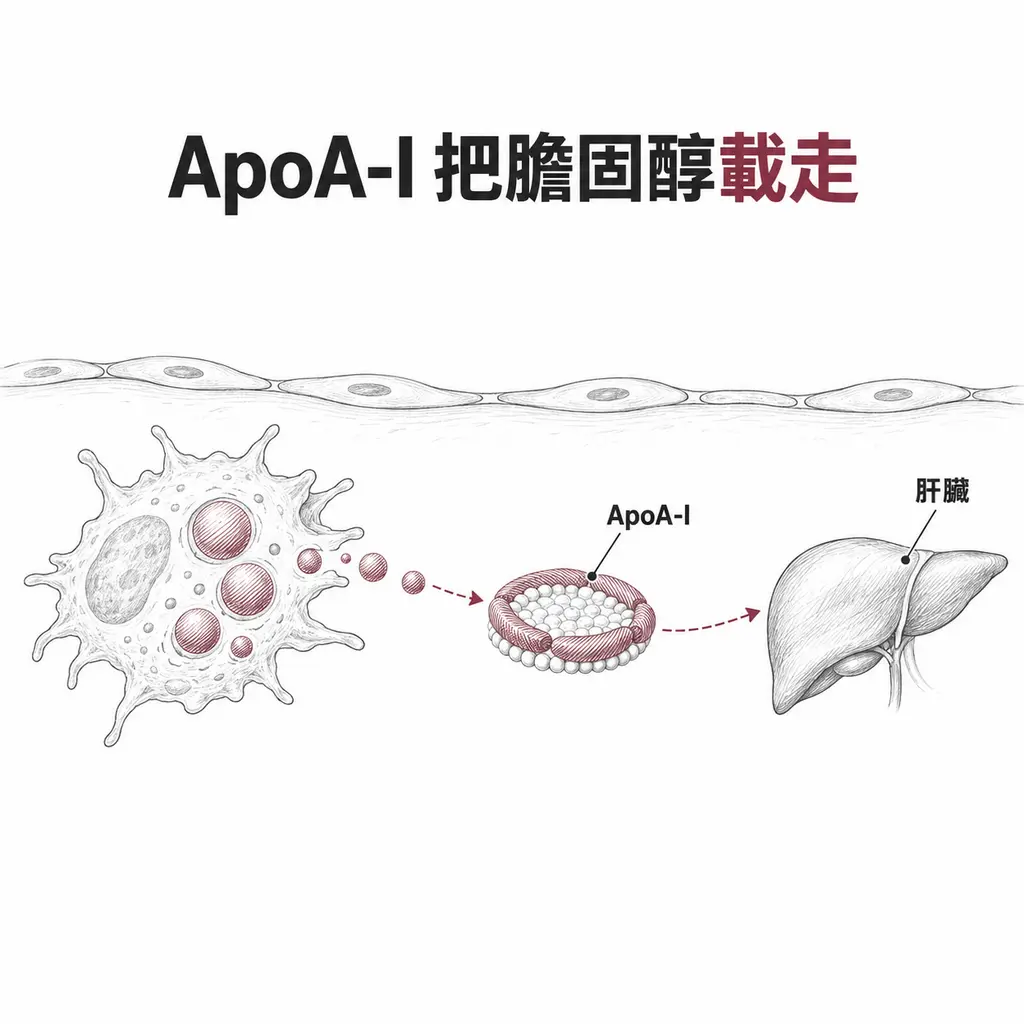巨噬細胞把膽固醇交給 HDL 顆粒,ApoA-I 構成顆粒外圈的蛋白環,膽固醇沿虛線送回肝臟