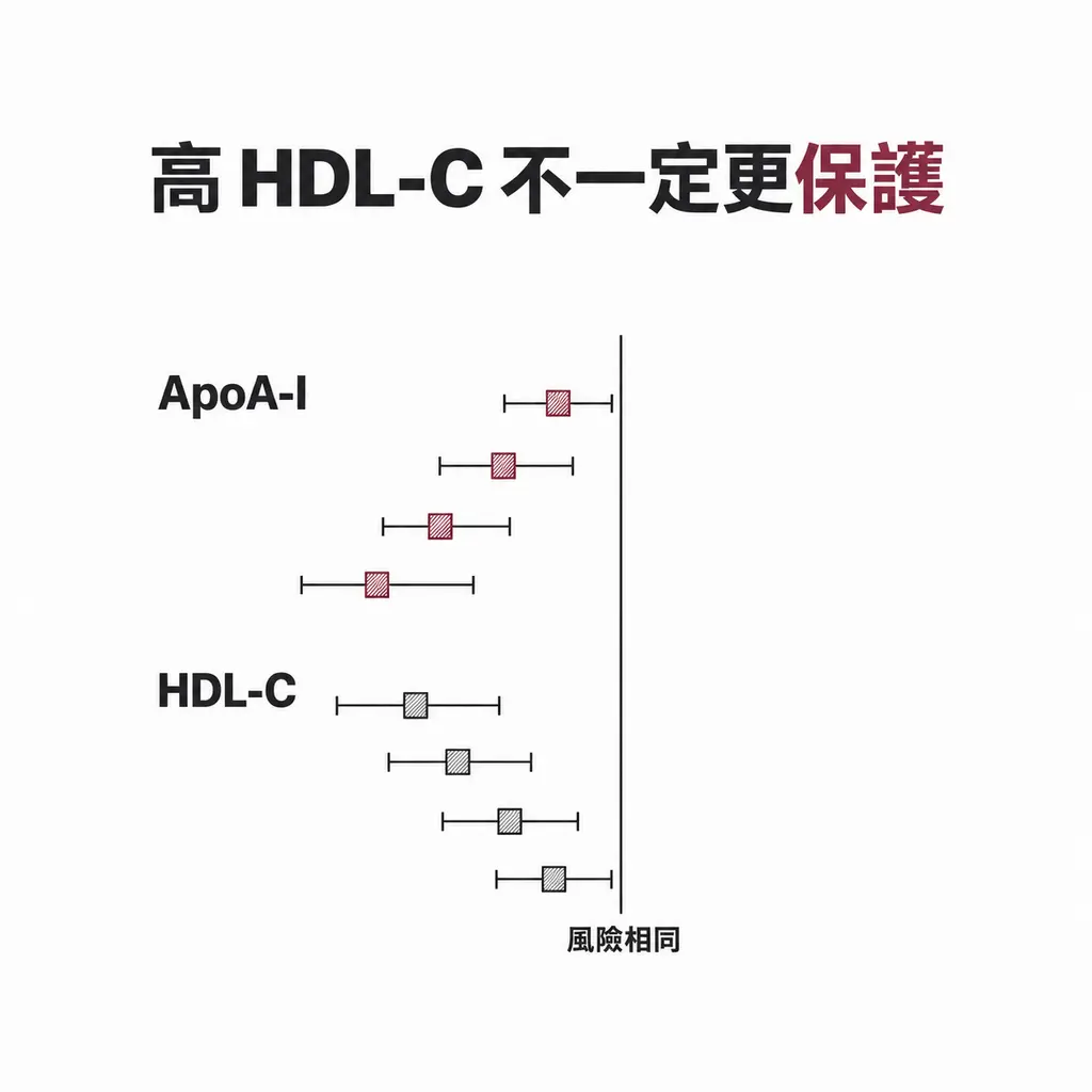 森林圖示意:ApoA-I 的估計值在整個範圍都偏向保護那一側,HDL-C 的估計值則逐漸靠回風險相同的參考線