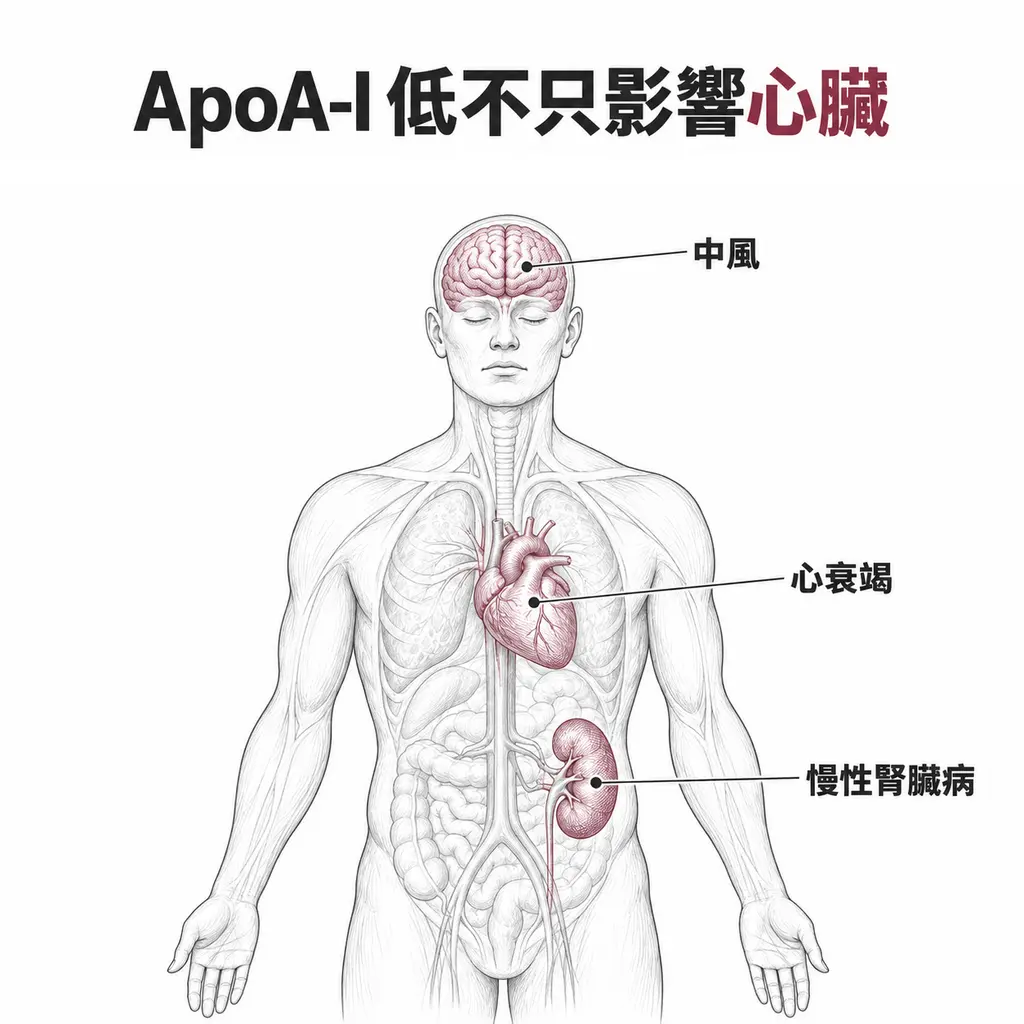 人體線稿標示腦、心臟與腎臟,說明低 ApoA-I 與中風、心臟衰竭及慢性腎臟病的不良結局有關