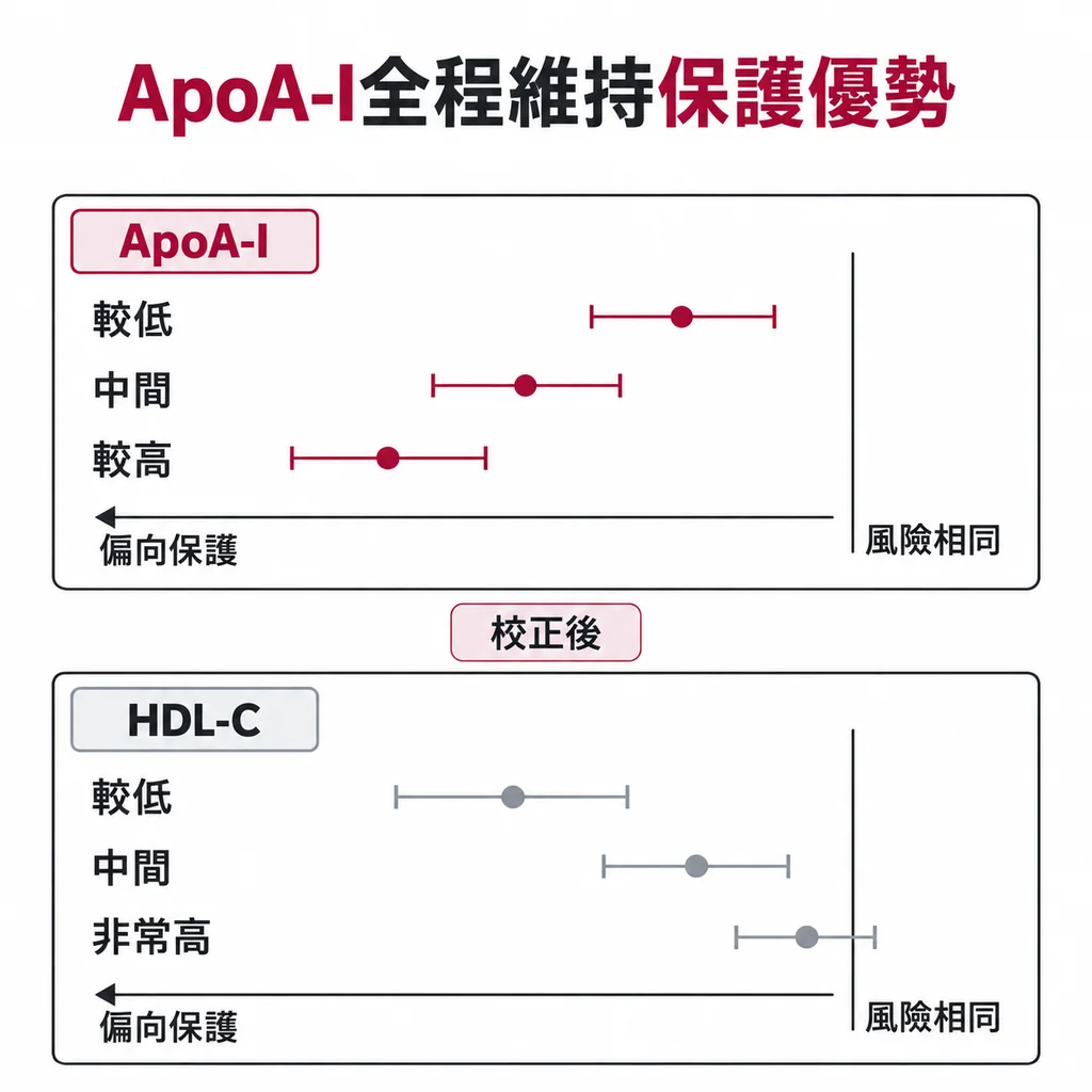 森林圖示意：ApoA-I 的估計值在整個範圍都偏向保護那一側，HDL-C 的估計值則逐漸靠回風險相同的參考線