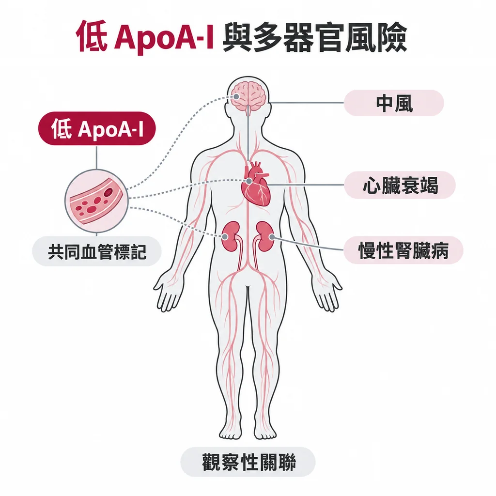 人體線稿標示腦、心臟與腎臟，說明低 ApoA-I 與中風、心臟衰竭及慢性腎臟病的不良結局有關