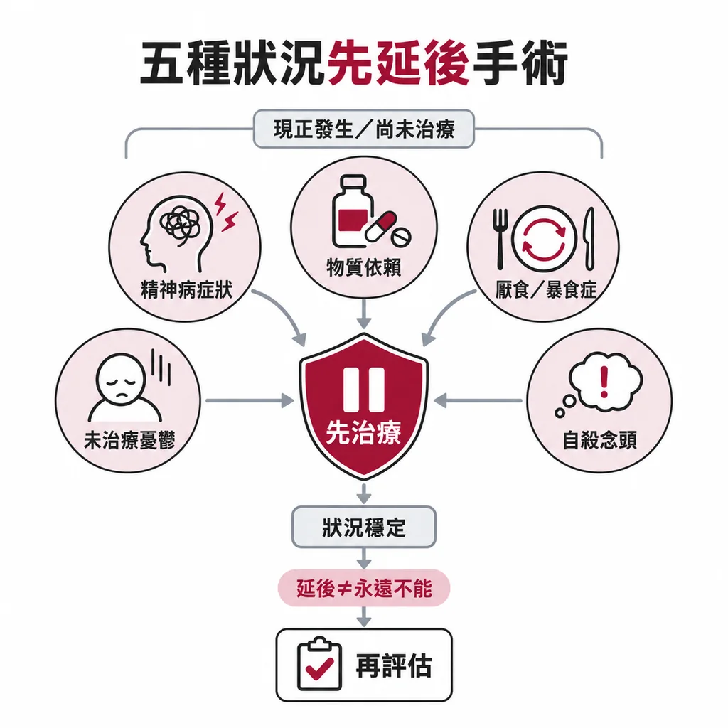 延後的五種狀況:精神病症狀、物質依賴、未治療的厭食症或神經性暴食症、未治療的憂鬱、自殺念頭