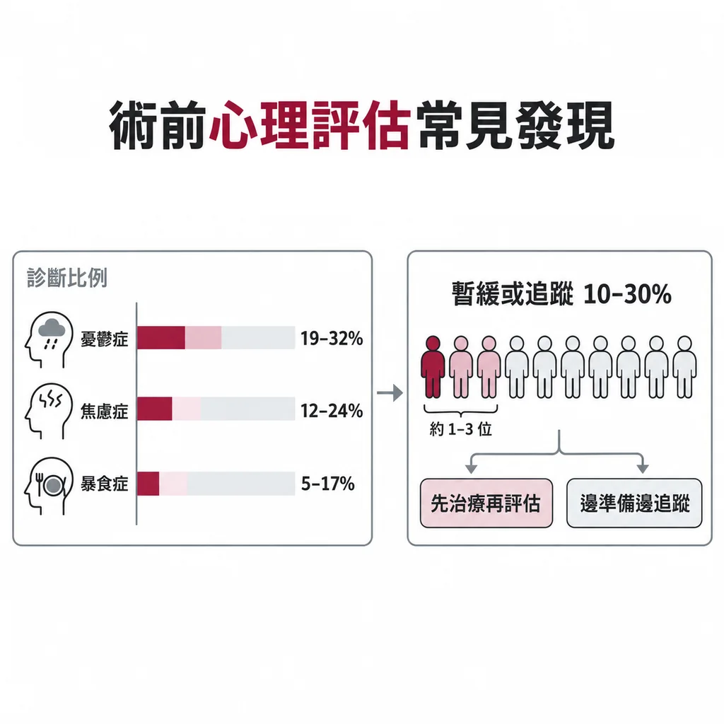 術前常見診斷:憂鬱 19–32%、焦慮 12–24%、暴食症 5–17%;約 10–30% 被暫緩或需追蹤