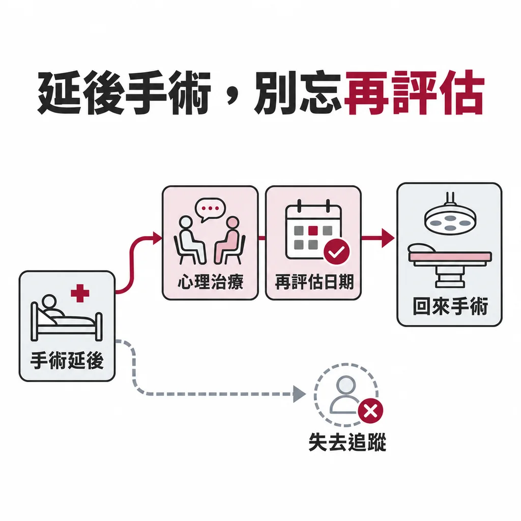 延後手術等心理治療的人,回來手術的比例明顯下降;延後時同時排好治療與再評估日期