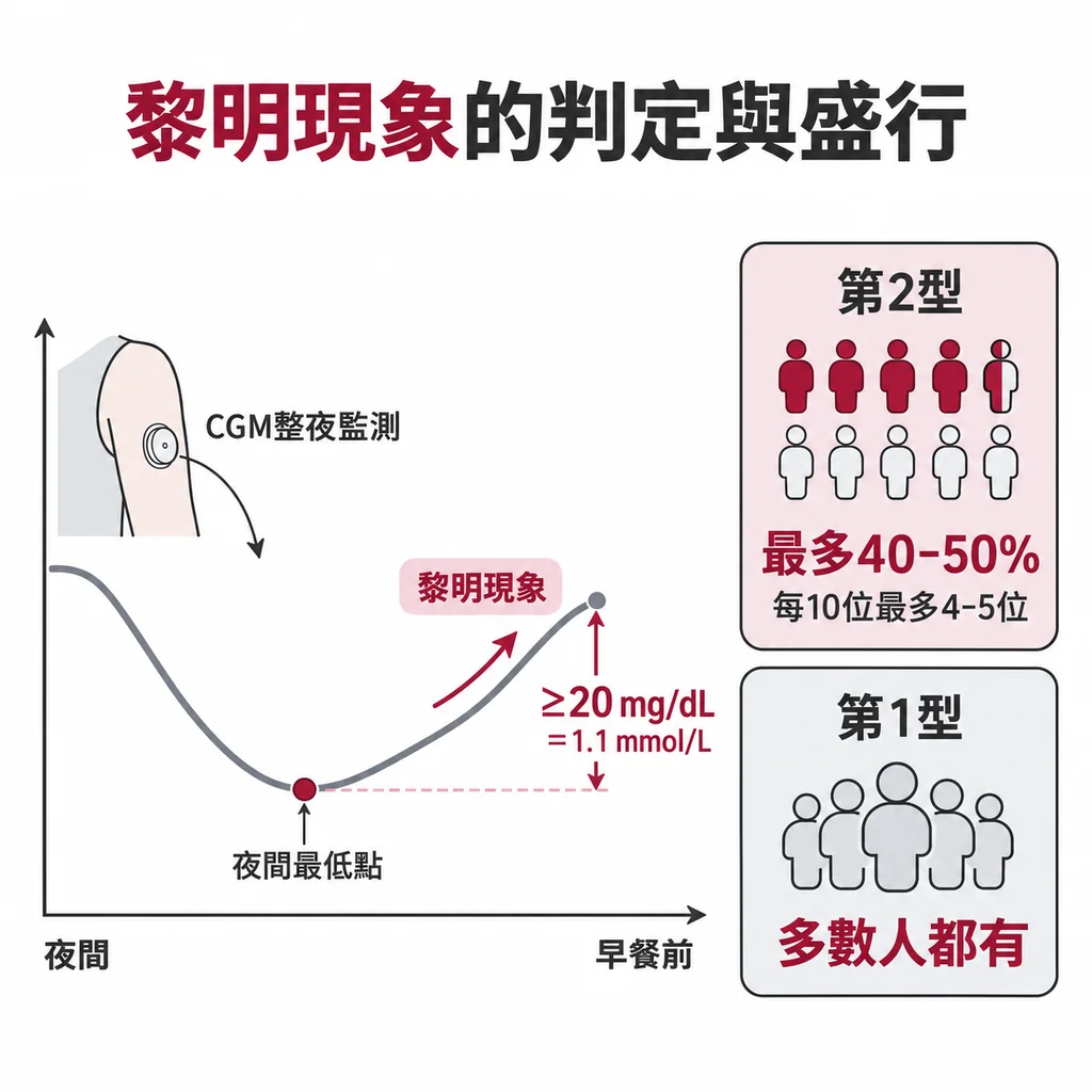 用 CGM 從夜間最低點算起,到早餐前上升 20 mg/dL 以上就算黎明現象;第 2 型糖尿病最多 40–50% 有,第 1 型多數人都有