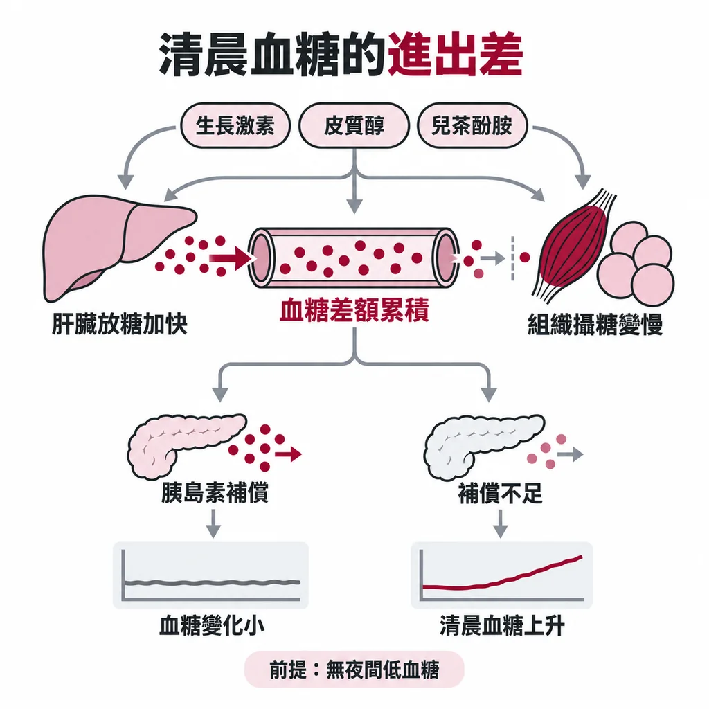 天亮前生長激素、皮質醇和兒茶酚胺讓肝臟加快放糖,肌肉和脂肪對胰島素變遲鈍,一進一出的差額成為清晨多出來的血糖