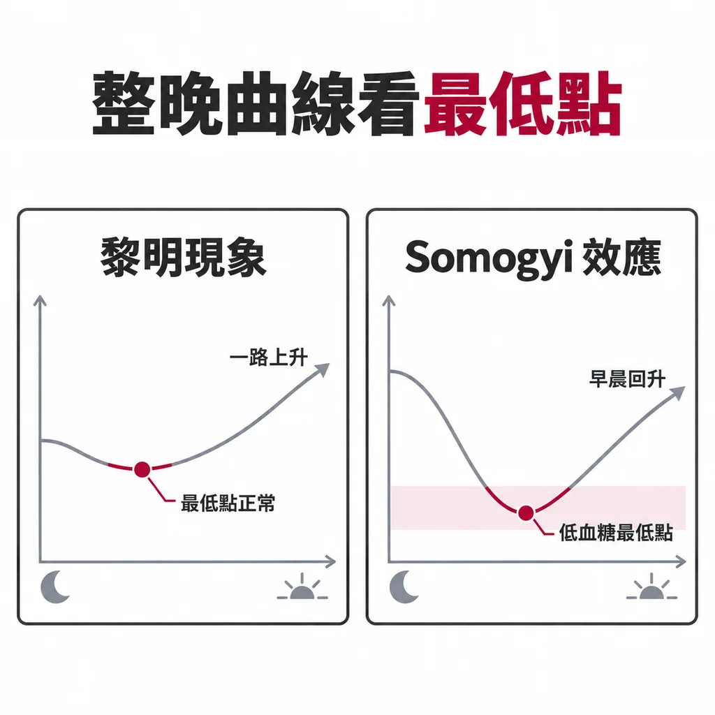 比較兩條整晚血糖曲線:最低點正常或偏高、之後一路往上是黎明現象;最低點掉到低血糖、早上反而變高才像 Somogyi 效應