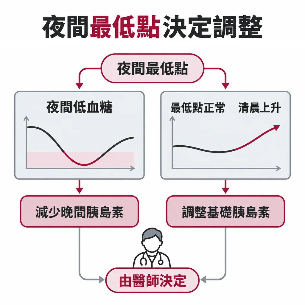 依夜間最低點分兩條相反的路:夜裡有低血糖就減少晚上的胰島素,最低點正常之後才上升就調整基礎胰島素,都由醫師決定