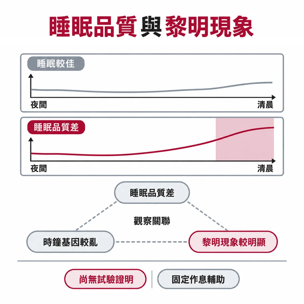 睡眠品質差、時鐘基因表現較亂的第 2 型糖尿病患者,黎明現象比較明顯;這是觀察到的關聯,睡好覺能否降血糖尚未經試驗證明