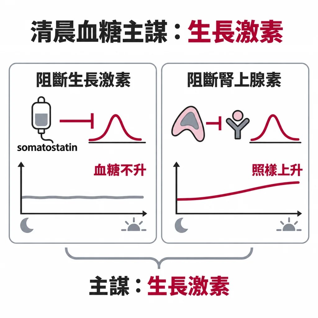 1985 年實驗中,用 somatostatin 擋住夜間生長激素高峰,清晨血糖上升消失;改阻斷腎上腺素,血糖照樣上升,主謀是生長激素