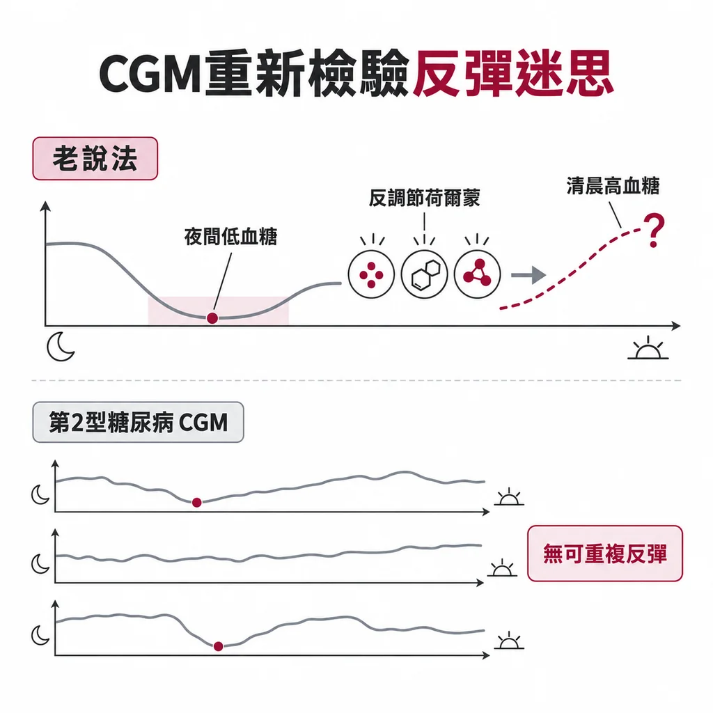 Somogyi 效應認為半夜低血糖後反調節荷爾蒙救過頭造成早上高血糖,但用 CGM 檢視整晚紀錄,第 2 型糖尿病找不到明顯可重複的反彈