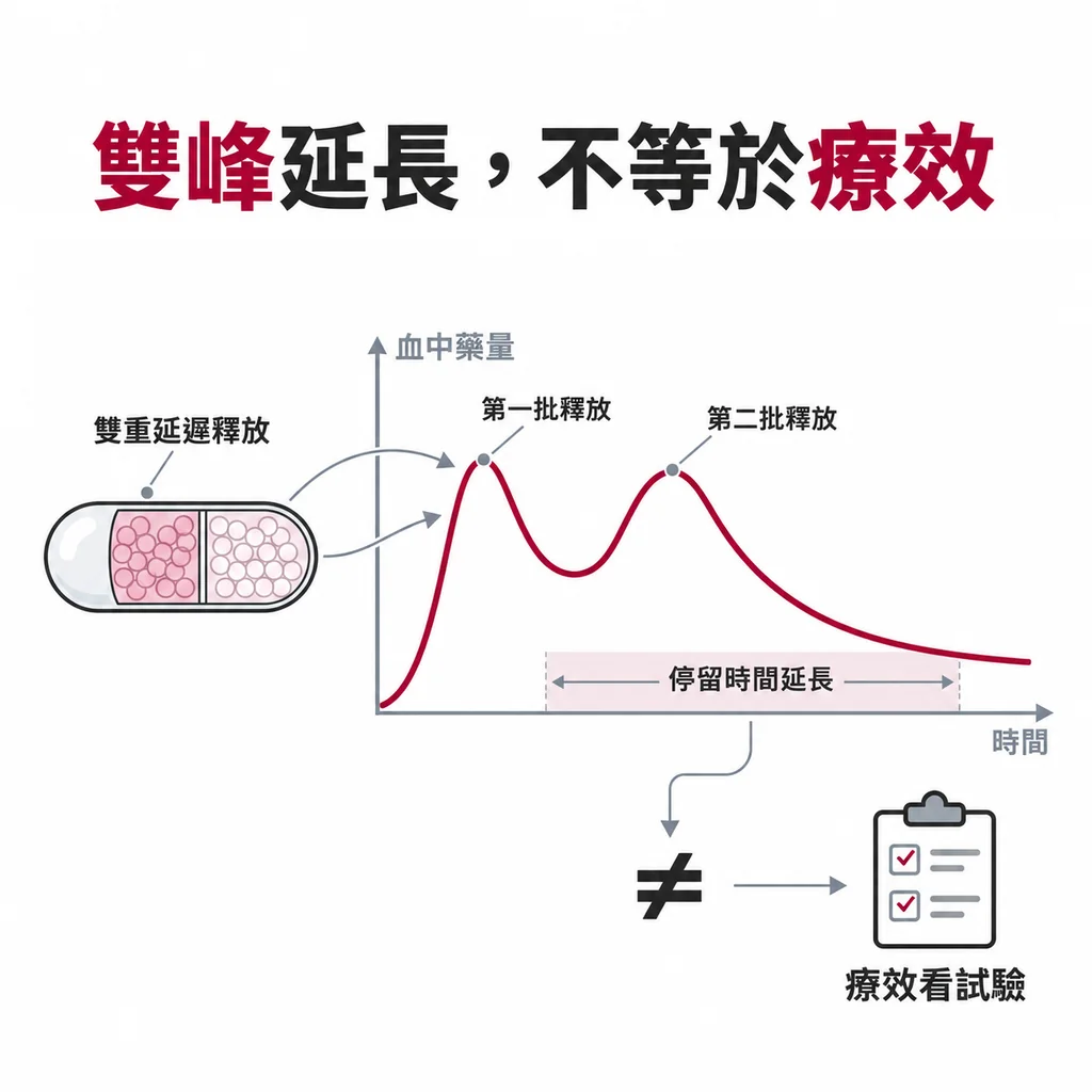 雙重延遲釋放讓血中藥量出現兩個高峰並接續相連,拉長藥物停留時間;但停留較久不等於療效較好,仍要看試驗
