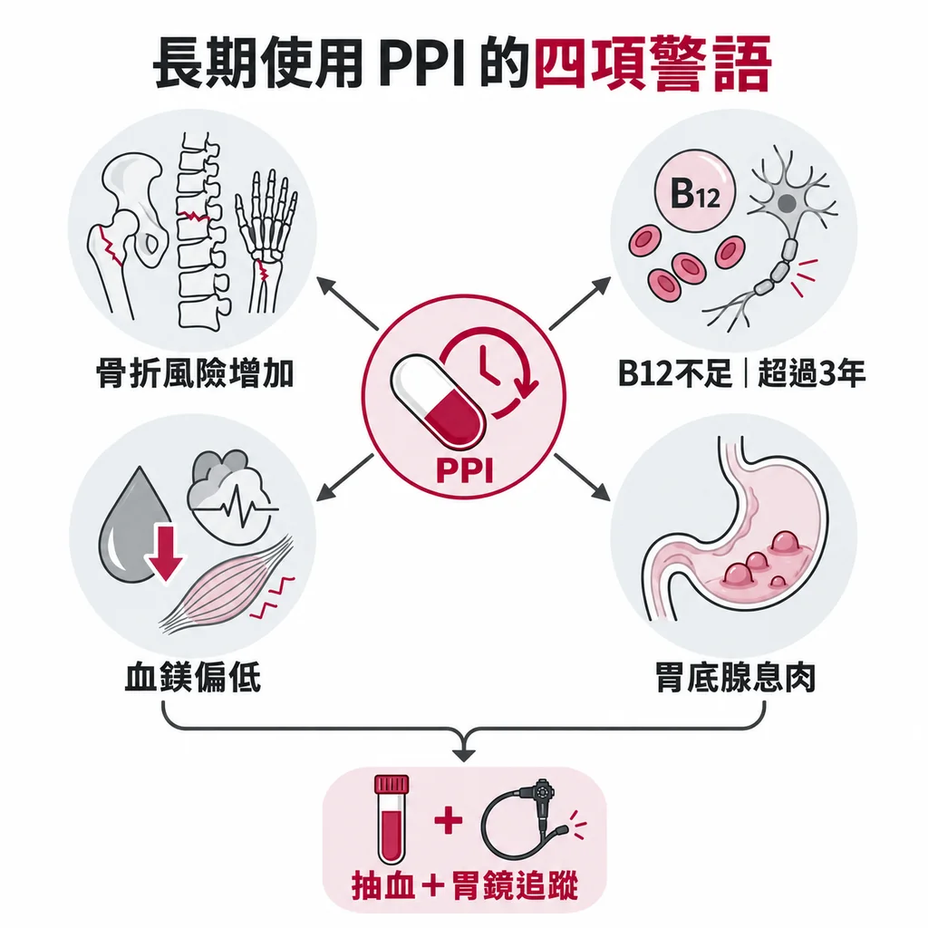 長期吃 PPI 的四項警語:骨折風險增加、連續超過 3 年可能 B12 不足、血鎂偏低,以及胃底腺息肉,要靠抽血與胃鏡追蹤