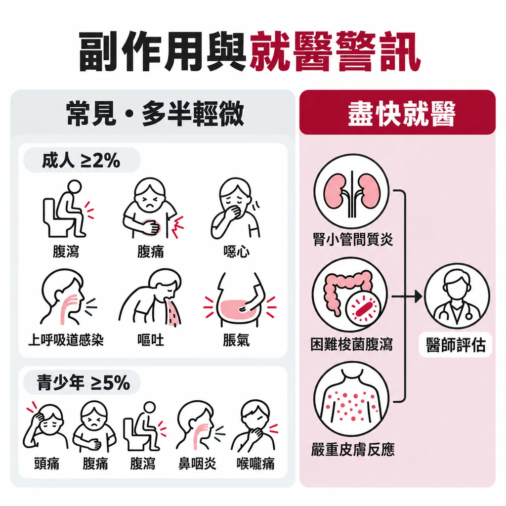 常見副作用多半輕微如腹瀉、腹痛;急性腎小管間質性腎炎、困難梭狀桿菌腹瀉、嚴重皮膚反應出現時要盡快就醫