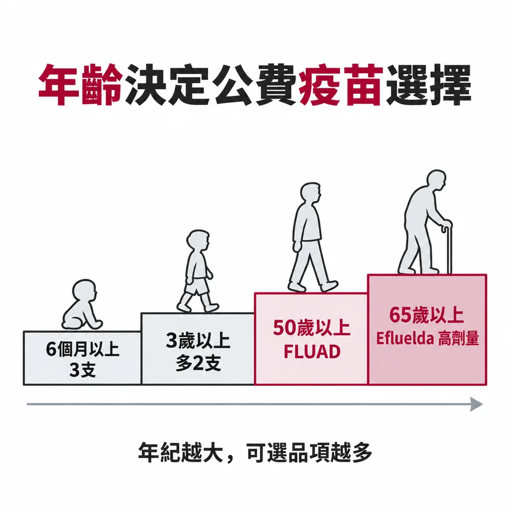 7 支公費疫苗依年齡形成階梯：6 個月以上可打 3 支，3 歲以上多 2 支，50 歲以上多 FLUAD，65 歲以上再多高劑量 Efluelda