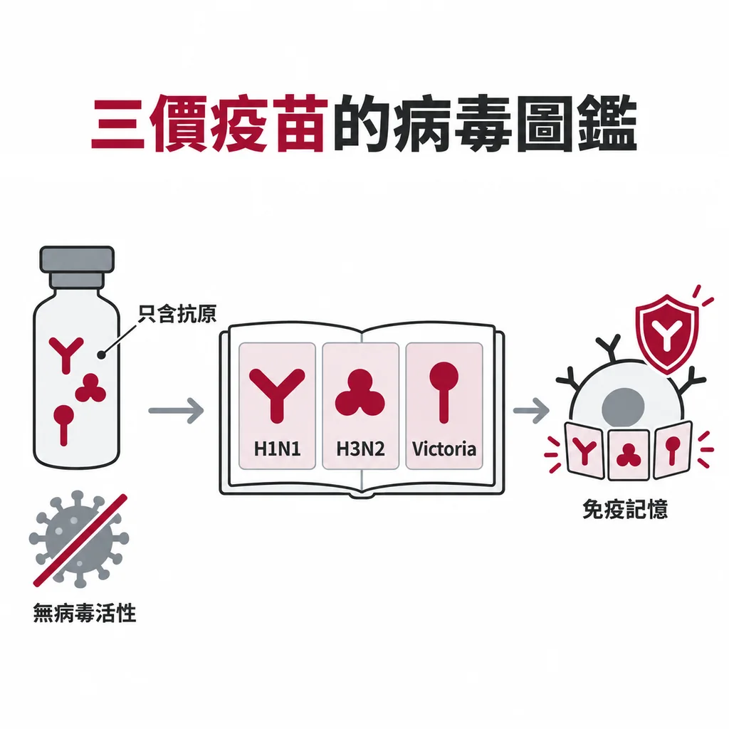 三價不活化流感疫苗只含病毒抗原，一劑放入 A 型 H1N1、H3N2 與 B 型 Victoria 三張病毒「照片」，讓免疫系統先記住長相
