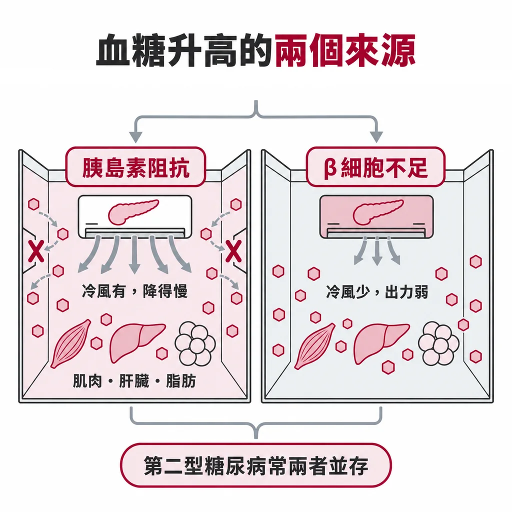 身體控制血糖像冷氣控制室溫：β細胞是冷氣機、胰島素是冷風，血糖降不下來，可能是房間隔熱差，也可能是冷氣出力不足