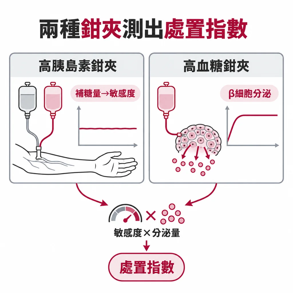 高胰島素正常血糖鉗夾看要補多少葡萄糖來量敏感度，高血糖鉗夾量β細胞分泌多少，兩者合起來算出處置指數