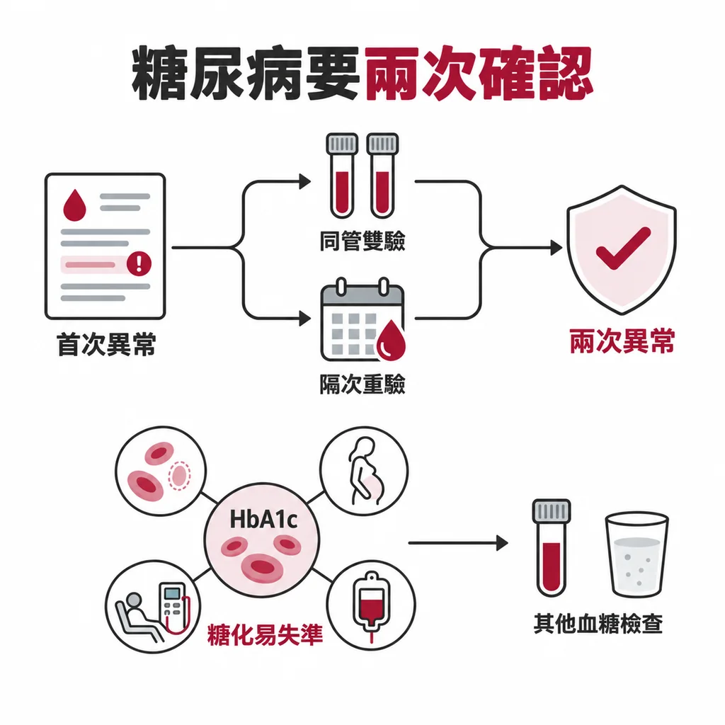 診斷糖尿病要有兩個異常結果；貧血、懷孕、洗腎或最近輸血時，糖化血色素可能不準，要改看其他檢查