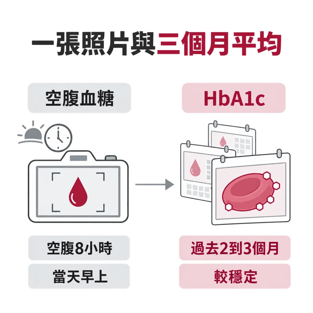 空腹血糖像當天早上拍的一張照片，糖化血色素像把過去2到3個月的照片疊在一起看，所以比較穩定