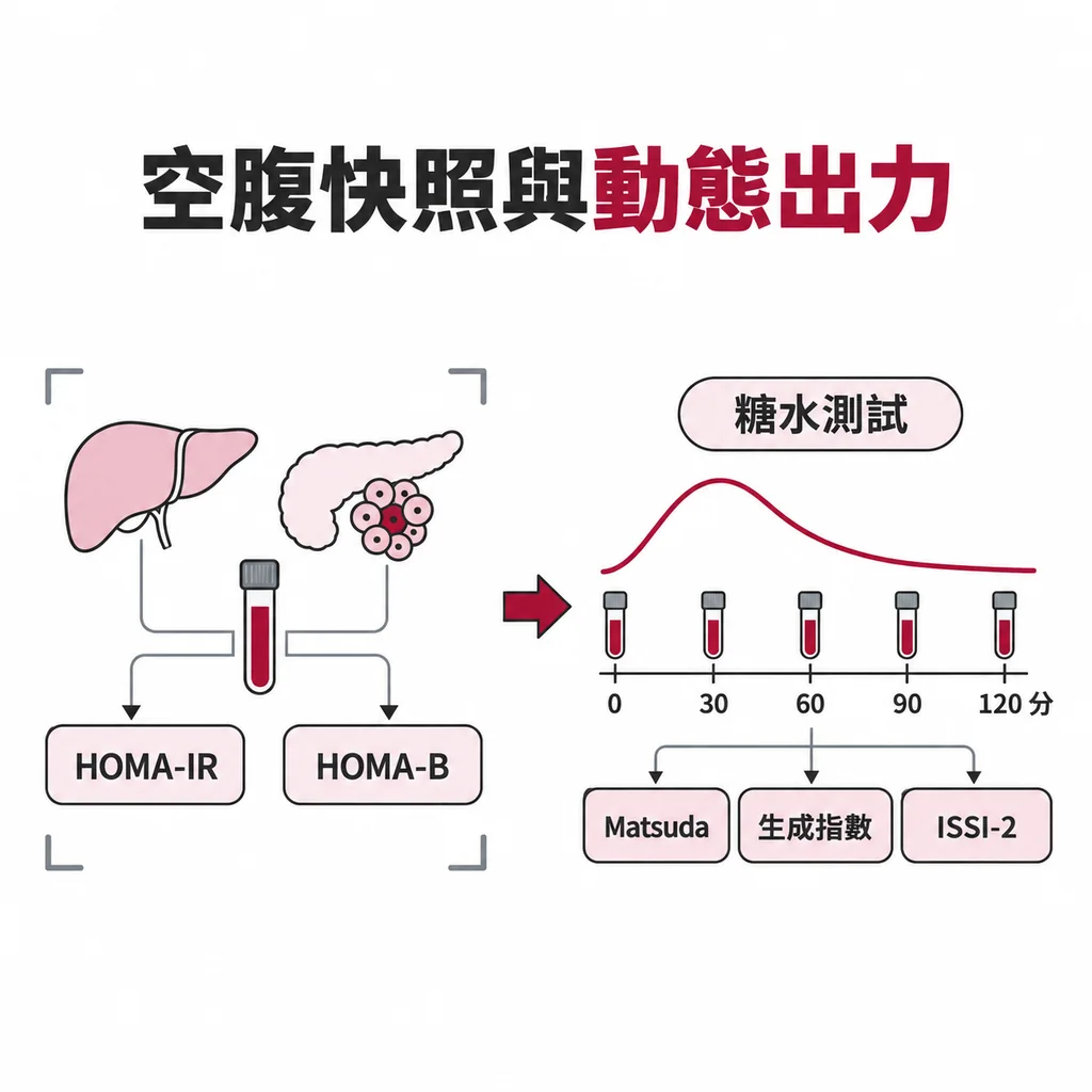 空腹胰島素與C胜肽可以算出HOMA-IR和HOMA-B，但只看得到空腹那一刻；要看吃東西後的出力，就要做加測胰島素的糖水測試