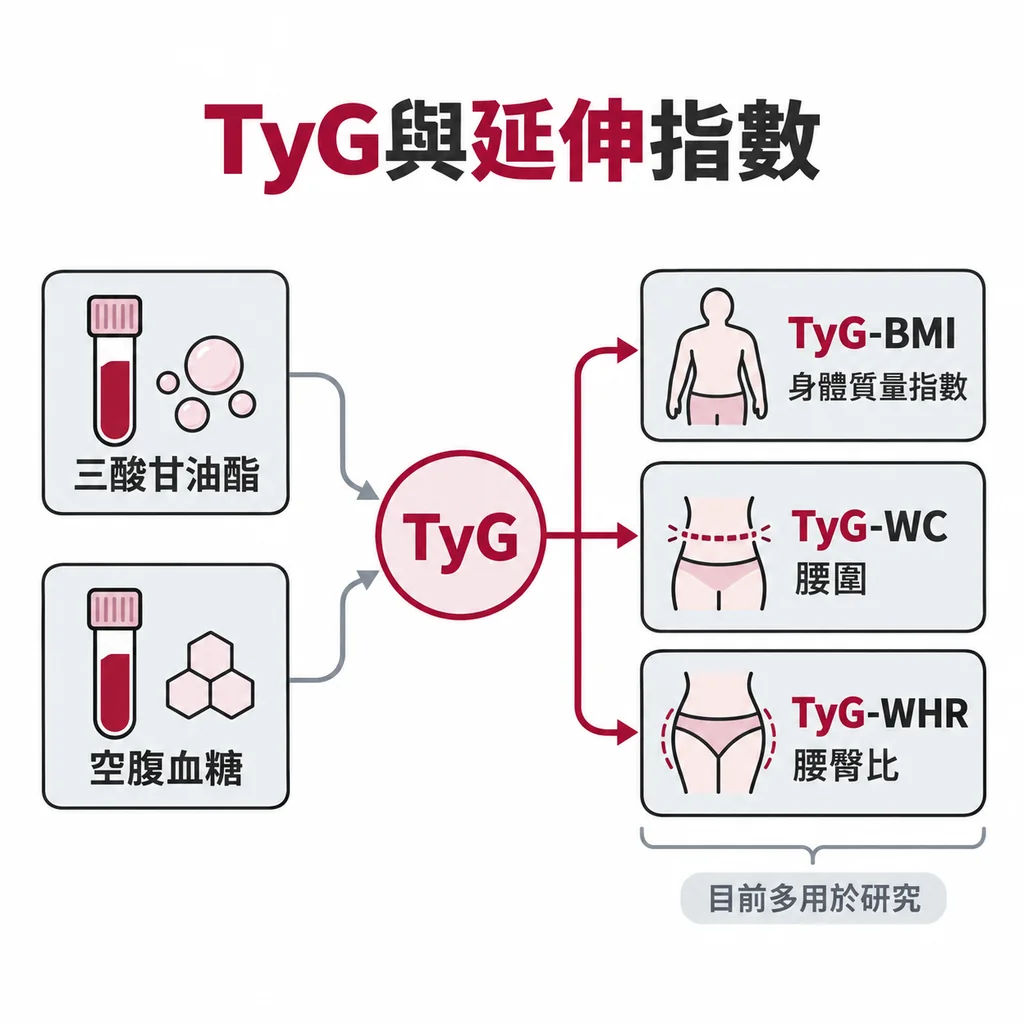 TyG只用三酸甘油酯和空腹血糖就能算，延伸版本再加上身體質量指數、腰圍或腰臀比，目前多用在研究