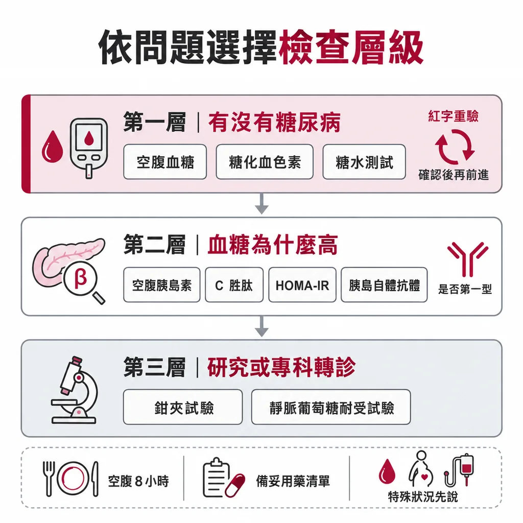 依照想回答的問題選層級：有沒有糖尿病看第一層，血糖為什麼高看第二層，研究或專科轉診才需要第三層